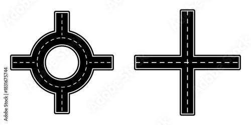 Simple road intersection icon set featuring various junction types in clean outline style, perfect for maps, navigation tools, and transportation graphics.