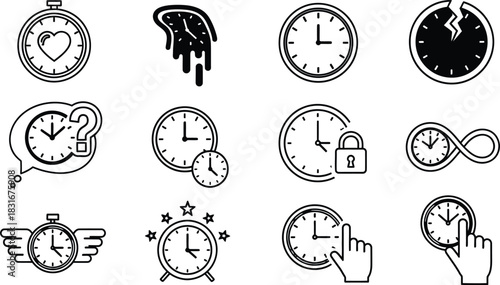 Collection of Simple Clock Icons Perfect for Time-Related Designs and Concepts, Easy to Use
