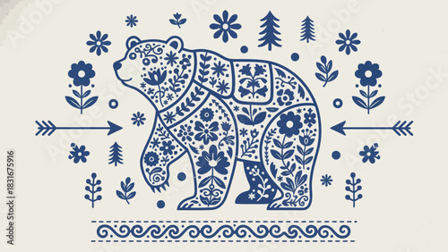 Folk art floral bear with arrows for a unique Scandinavian design, perfect for nature lovers