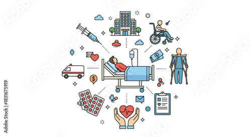 Medical and healthcare infographic showing a patient in a hospital bed surrounded by icons of doctors, ambulance, medicine, and insurance.