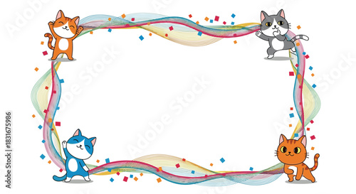 A fun and colorful rectangular frame featuring four dancing cartoon cats, surrounded by a wavy, multicolored border and festive confetti.