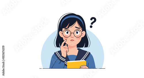 A thoughtful young female student in a sailor uniform, with a question mark above her head, indicating curiosity, confusion, or a problem.