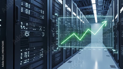 Wallpaper Mural Server room datacenter with upward trending growth chart overlay. Technology infrastructure displaying performance metrics and business analytics through rising arrow graph representing digital Torontodigital.ca