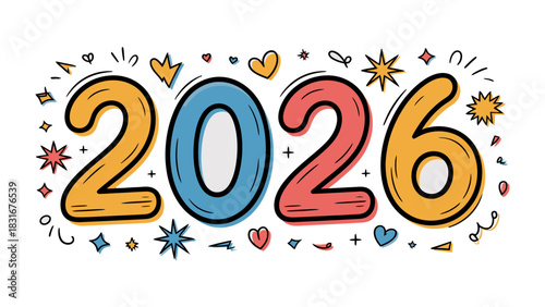 2026: A vibrant and colorful depiction of the year 2026, set against a backdrop of playful doodles and decorative elements. It symbolizes the excitement and anticipation of future possibilities.