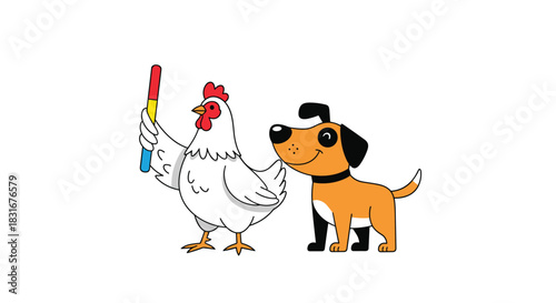 A funny cartoon chicken holding a colorful stick stands next to a smiling and friendly dog, creating a whimsical and cute animal pair.