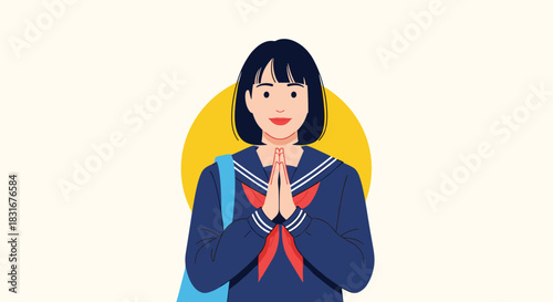A smiling Japanese schoolgirl in a traditional sailor uniform with her hands together in a respectful greeting or prayer gesture.