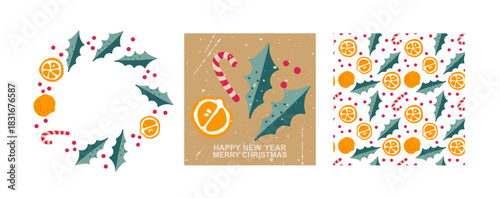 Christmas cards. Cheerful holiday designs with tangerine, Holly, candy canes. Christmas Seamless pattern, round frame, card. Hand drawn Doodle vector illustration for winter holiday designs.