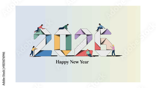 New Year 2026: a creative and minimalist illustration, figures creatively construct the numbers of the upcoming year, symbolizing collaboration, new beginnings.