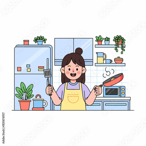 A cheerful cartoon girl happily prepares breakfast in her cozy kitchen, a concept of a joyful daily routine
