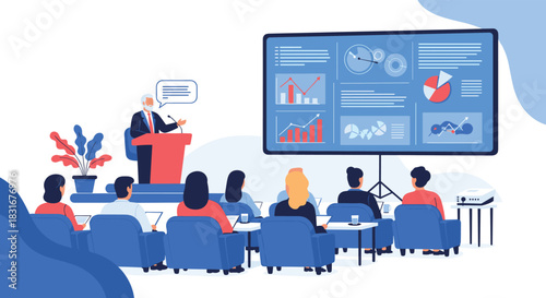 An elderly male speaker gives a presentation to an audience, using a large screen displaying charts and graphs for a business conference.