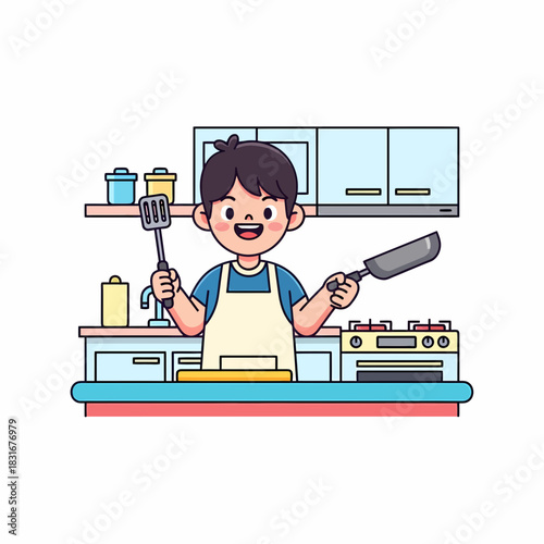 Happy young man in an apron cooking breakfast with a frying pan and spatula in the kitchen