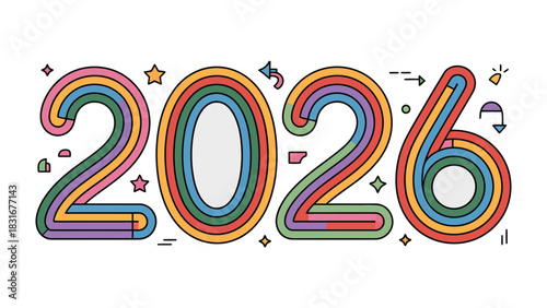 Colorful 2026 Typography Design: The year 2026 is boldly showcased in a vibrant and playful typographic design, where each number is brought to life with a spectrum of colors.