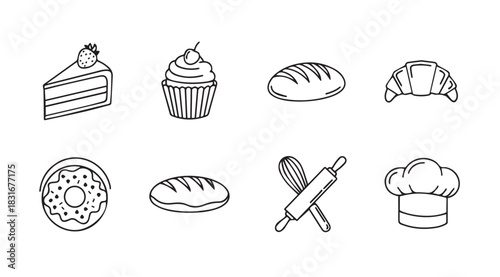 Collection of bakery items and baking tools in a simple line art silhouette style