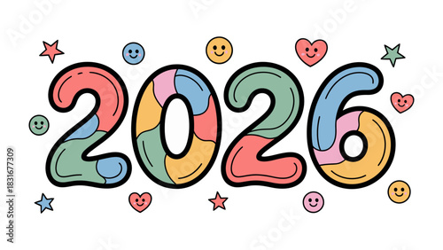Year 2026: a festive design featuring the number 2026 surrounded by star and heart, smileys, and the number is colorfull