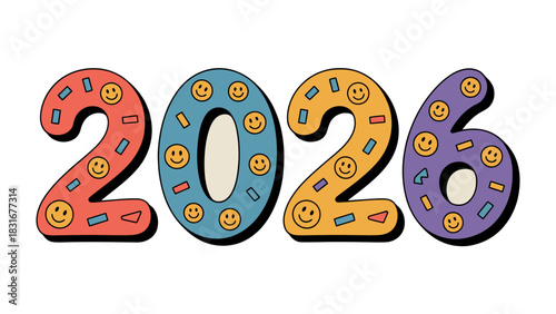 Year 2026: The vibrant year 2026 is displayed in a cheerful, whimsical style, evoking feelings of positivity and anticipation.