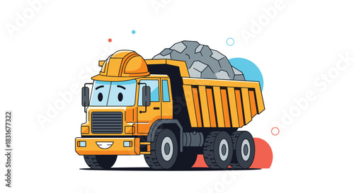 A cute yellow dump truck with a smiling face and a construction helmet, carrying a full load of rocks and gravel from a site.
