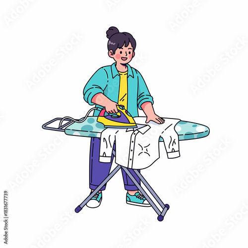 A cheerful person ironing a white shirt on an ironing board at home, domestic chores