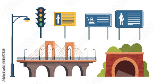 Collection of urban and road infrastructure elements, including a bridge, tunnel, traffic light, street lamp, and various informational road signs.