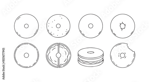 Collection of eight distinct bagel silhouettes with various textures and one bitten bagel silhouette