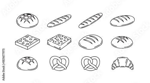 Collection of hand drawn bakery bread and pastry icons in silhouette