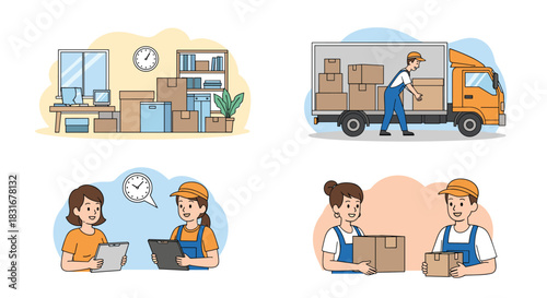 Set of four illustrations depicting the moving process, including a room with boxes, a worker loading a truck, and people handling packages.
