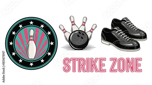 Retro bowling vector elements with star frame, strike, and shoes for alley branding