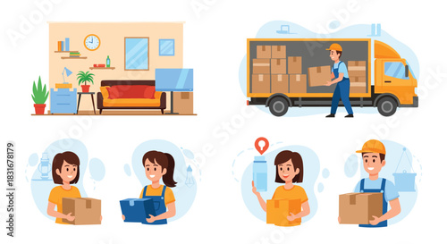 Four-panel illustration showing the process of moving and delivery service, from a packed room to a mover loading a truck and happy customers.