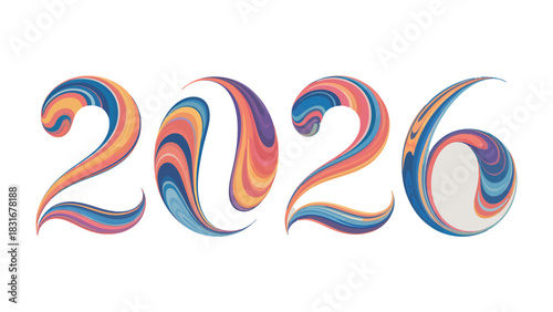 Vibrant Numerals: A visually striking artistic rendition of the year 2026, crafted with fluid, multicolored strokes and a contemporary design.