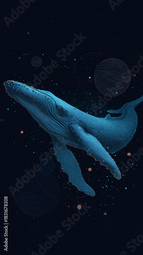 Surreal whale floating in cosmic space illustrating futuristic imagination, creativity and visionary digital art concept.