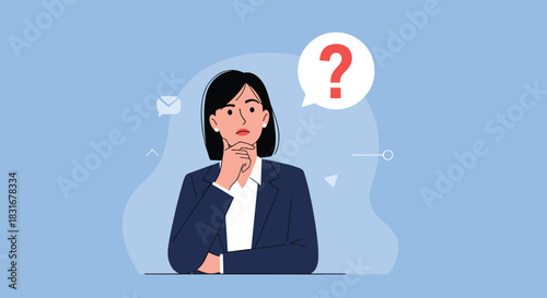 Pensive businesswoman with a question mark in a speech bubble, illustrating confusion, doubt, problem-solving, or seeking answers and solutions.
