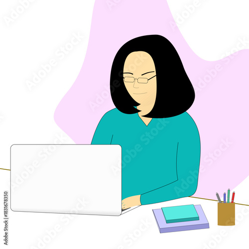 ILLUSTRATION OF A WOMAN IN FRONT OF A LAPTOP WEARING GLASSES