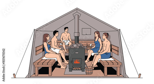 Cross-section illustration of a group of friends relaxing inside a large canvas tent sauna with a wood-burning stove and hot rocks.