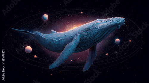 Surreal whale floating in cosmic space, concept of imagination, creativity.