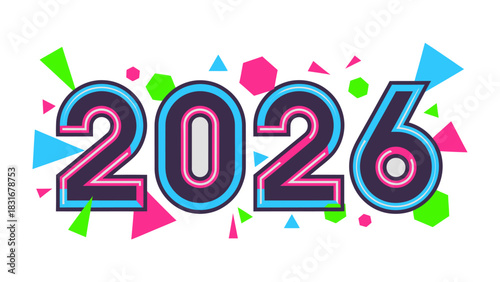 2026: A vibrant and modern design showcasing the year 2026, set against a backdrop of colorful geometric shapes. A forward-thinking visual perfect for new year celebrations or futuristic themes.
