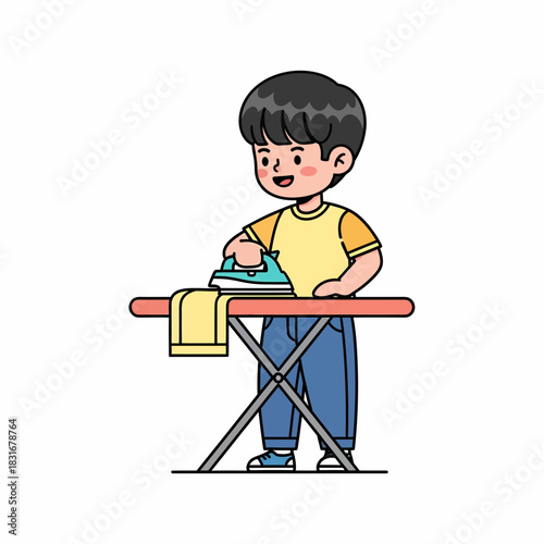 Cheerful Boy Ironing Clothes on a Table, Mastering Household Chores with a Smile