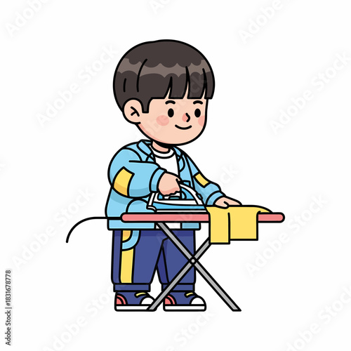 Young boy in cartoon style diligently ironing clothes on a board, showcasing domestic chores and helpfulness at home