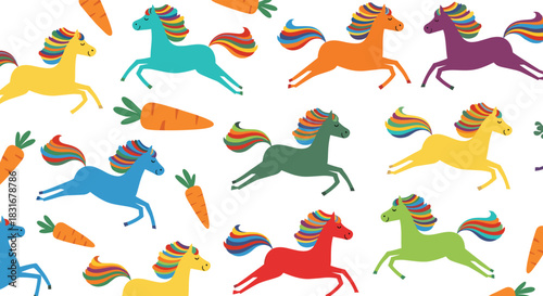 Seamless pattern with colorful cartoon horses with rainbow manes running and jumping among bright orange carrots on a white background.