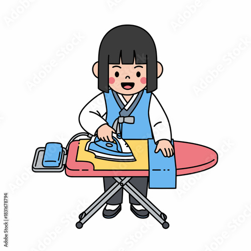A charming cartoon illustration of a person in a traditional Korean Hanbok ironing clothes at home