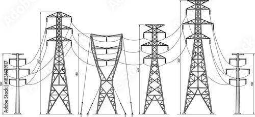 Definitive electrical power grid infrastructure vector mega-bundle: transmission towers, lines, and transformers, detailed CAD line art collection for high-voltage engineering and energy