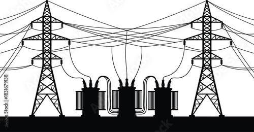Definitive electrical power grid infrastructure vector mega-bundle: transmission towers, lines, and transformers, detailed CAD line art collection for high-voltage engineering and energy technology 