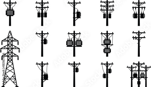 Definitive electrical power grid infrastructure vector mega-bundle: transmission towers, utility poles, lines, and transformers, detailed CAD collection for high-voltage engineering projects.