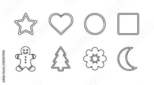 Collection of eight different cookie cutter shapes in a simple line drawing silhouette style
