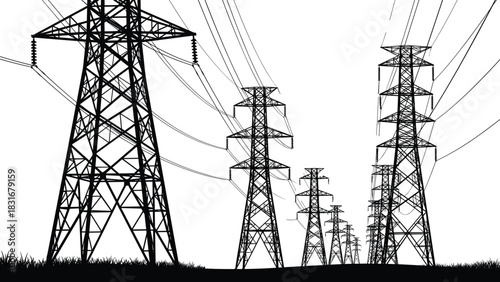 Definitive electrical power grid vector bundle: various transmission towers, lines, and transformers, detailed CAD line art collection for high-voltage engineering and energy infrastructure projects.