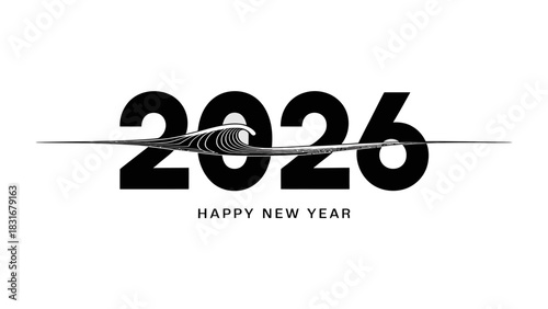 2026 New Year design: The year 2026 is announced in elegant black text. The design is complemented by abstract graphic lines and the greeting Happy New Year.