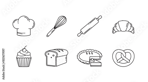 Collection of hand drawn baking icons including chef hat whisk rolling pin and baked goods silhouette