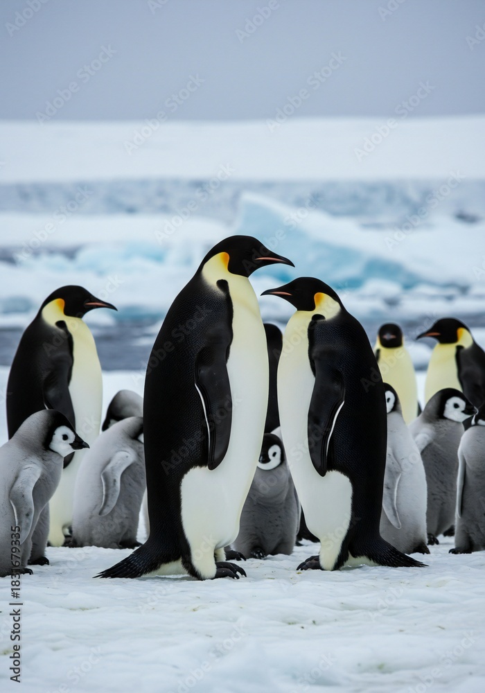 Obraz premium Emperor penguin families congregating on the icy expanse of Antarctica winter landscape