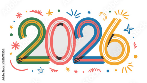 Colorful 2026 Celebration: Illustrative image of the new year, 2026, set against a lively backdrop of festive colors and celebratory symbols.
