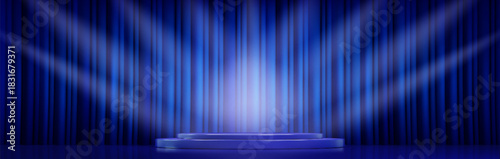 Award winning blue podium design with spotlights and dramatic curtain background staging. 3D luxury dark platform with light effects. Stage setup for ceremony presentations and winner showcases.