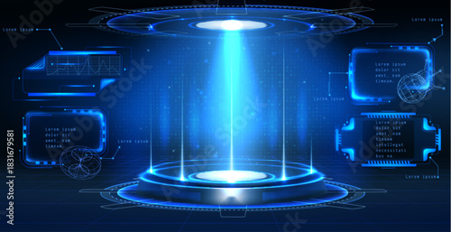 Futuristic lab with round podium and HUD data frames. Vector realistic illustration of neon blue hologram portal, bright light beams on stage, hi tech digital screens, future technology, vr game ui