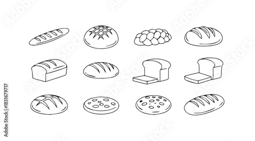 Collection of various bread types in a hand drawn sketch silhouette style